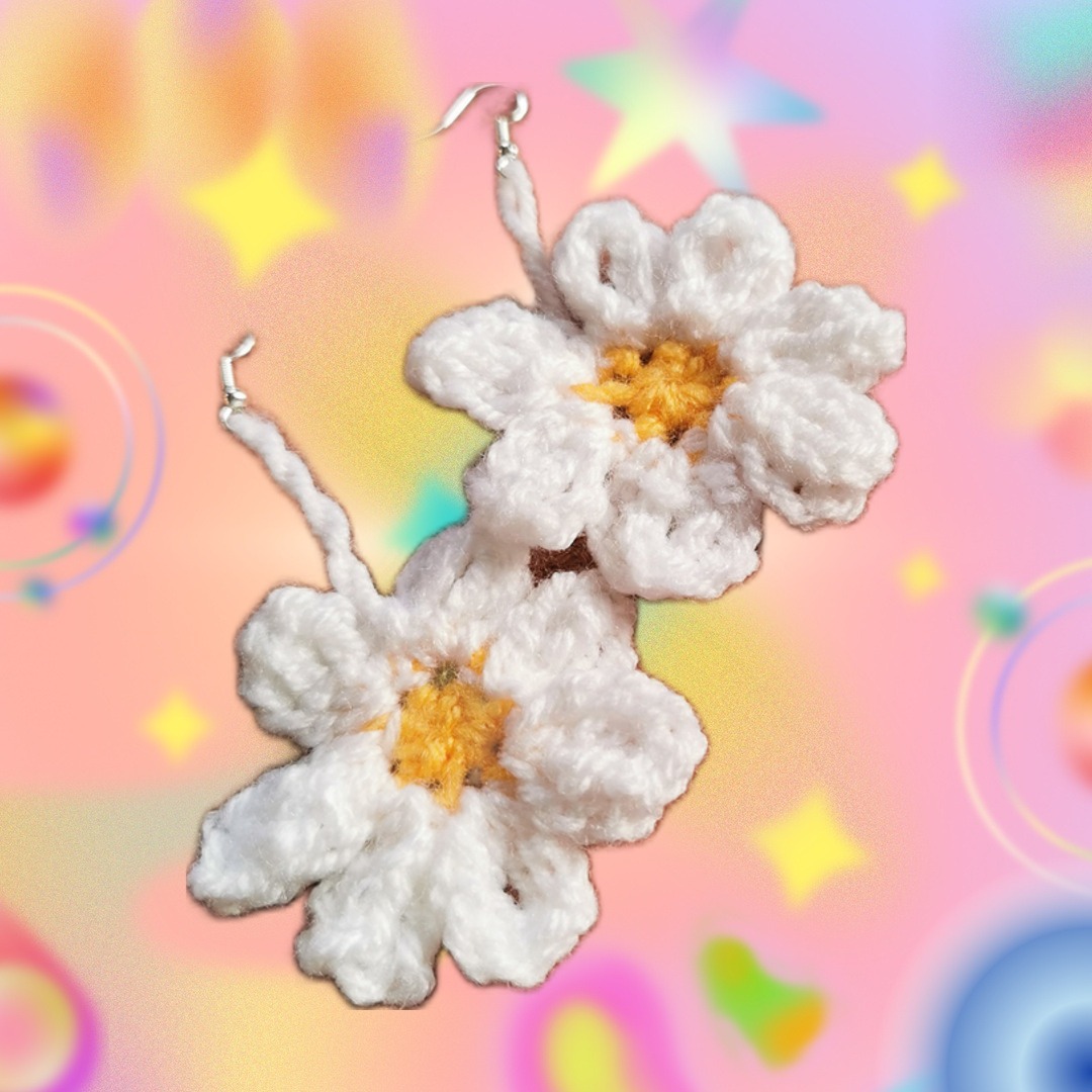 white and yellow crochet daisy earrings with silver hooks