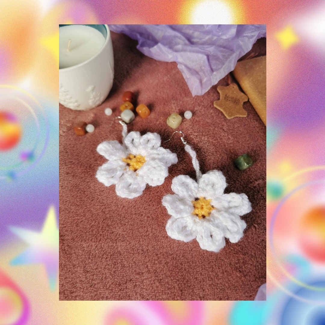 white and yellow crochet daisy earrings with silver hooks